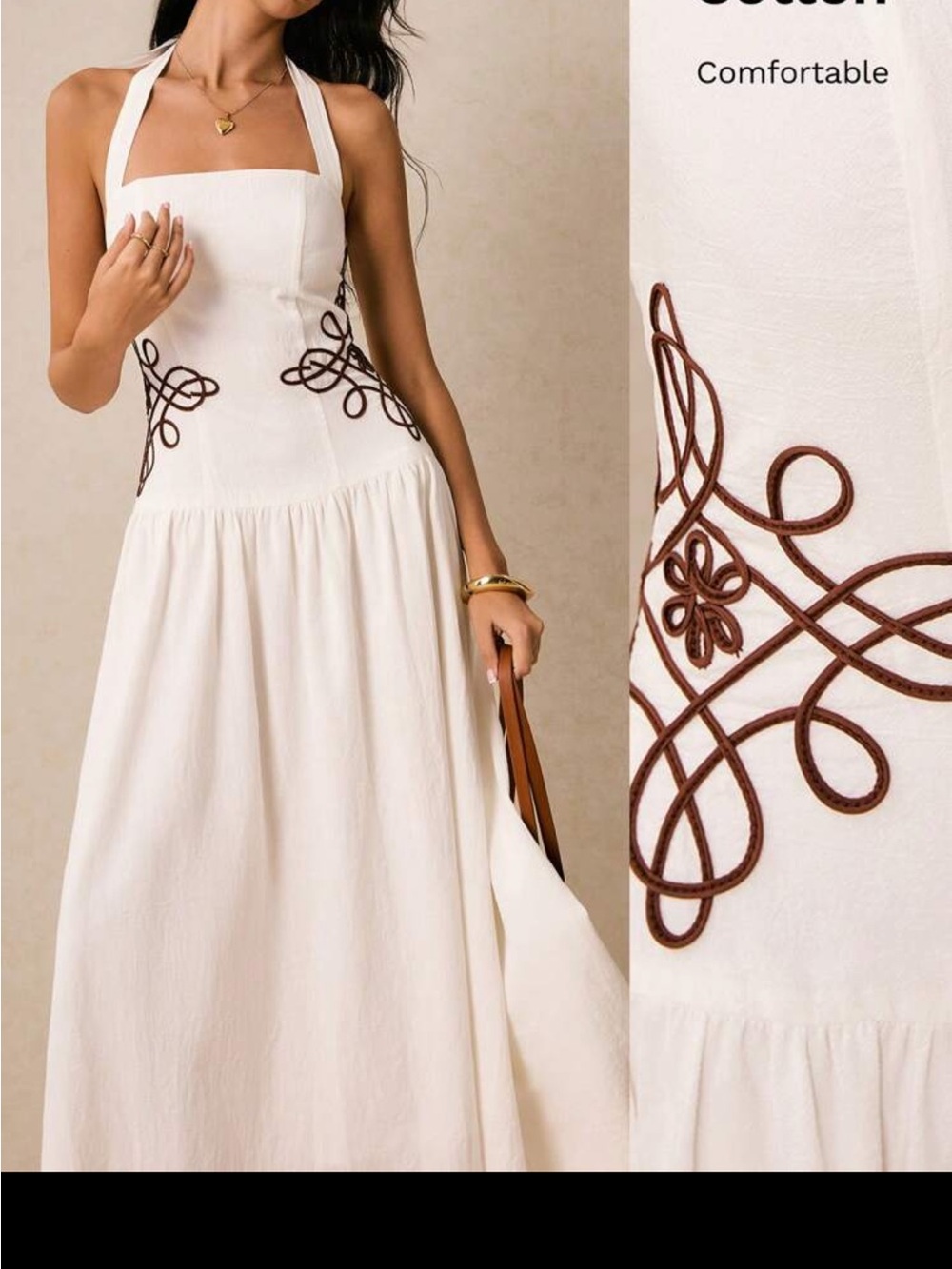 SHEIN White Maxi Halter Dress with Brown Embroidered Detail